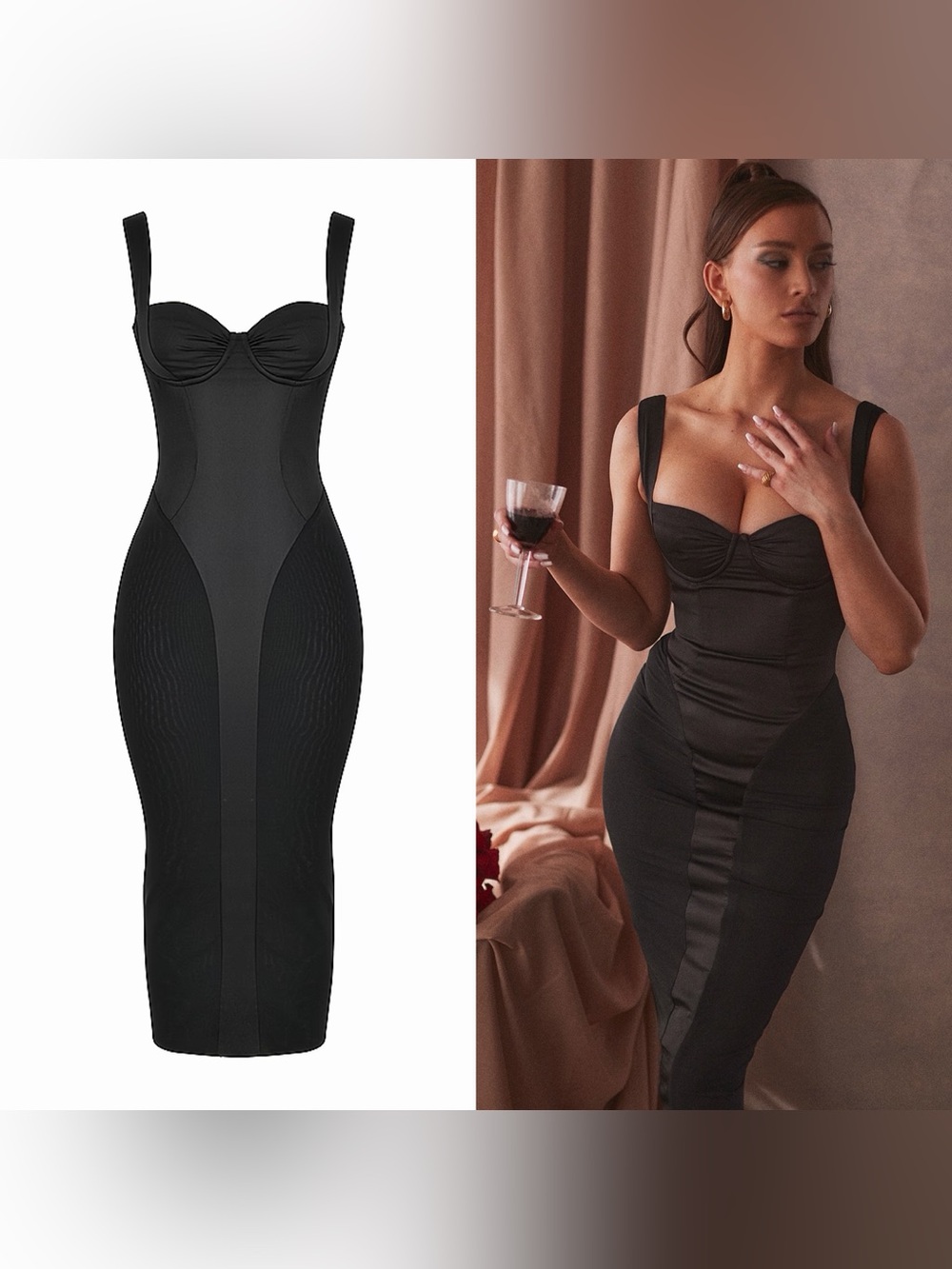 House of CB- ARIELLE Black Corset Midi Dress Size Medium PLUS CUP Bodycon LBD